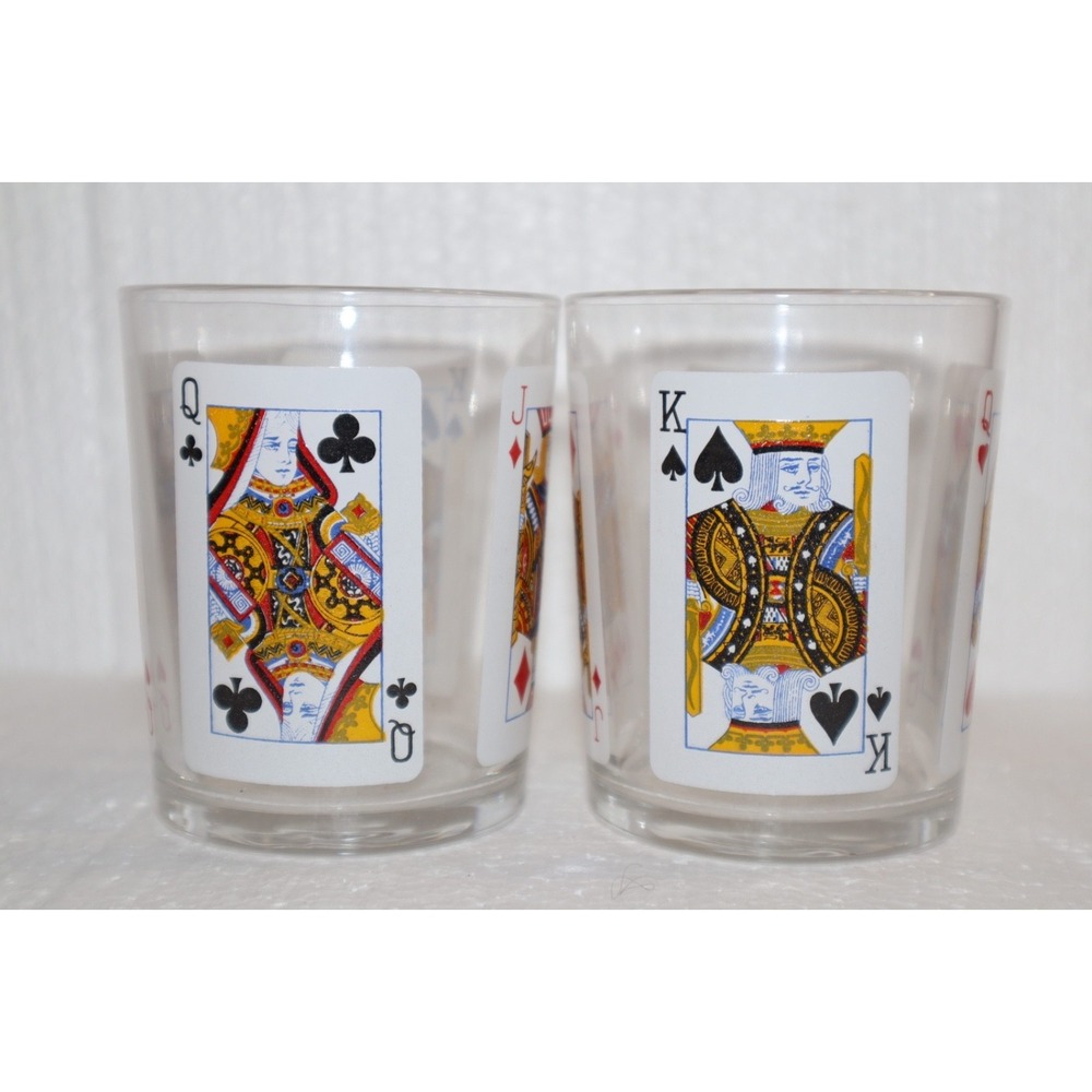 2  Liquor Glasses W/Playing Card Motif Shot Glass Vtge Man Cave